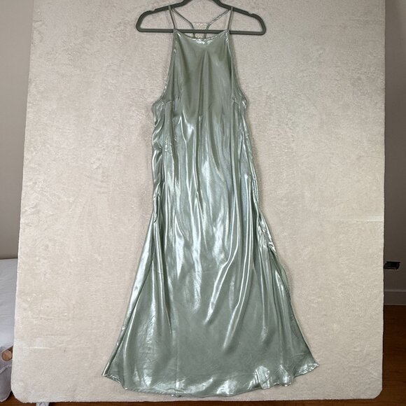Free People Size M NWT Sunset Shimer Satin Midi Slipdress Green $108 Fairycore - Picture 2 of 11